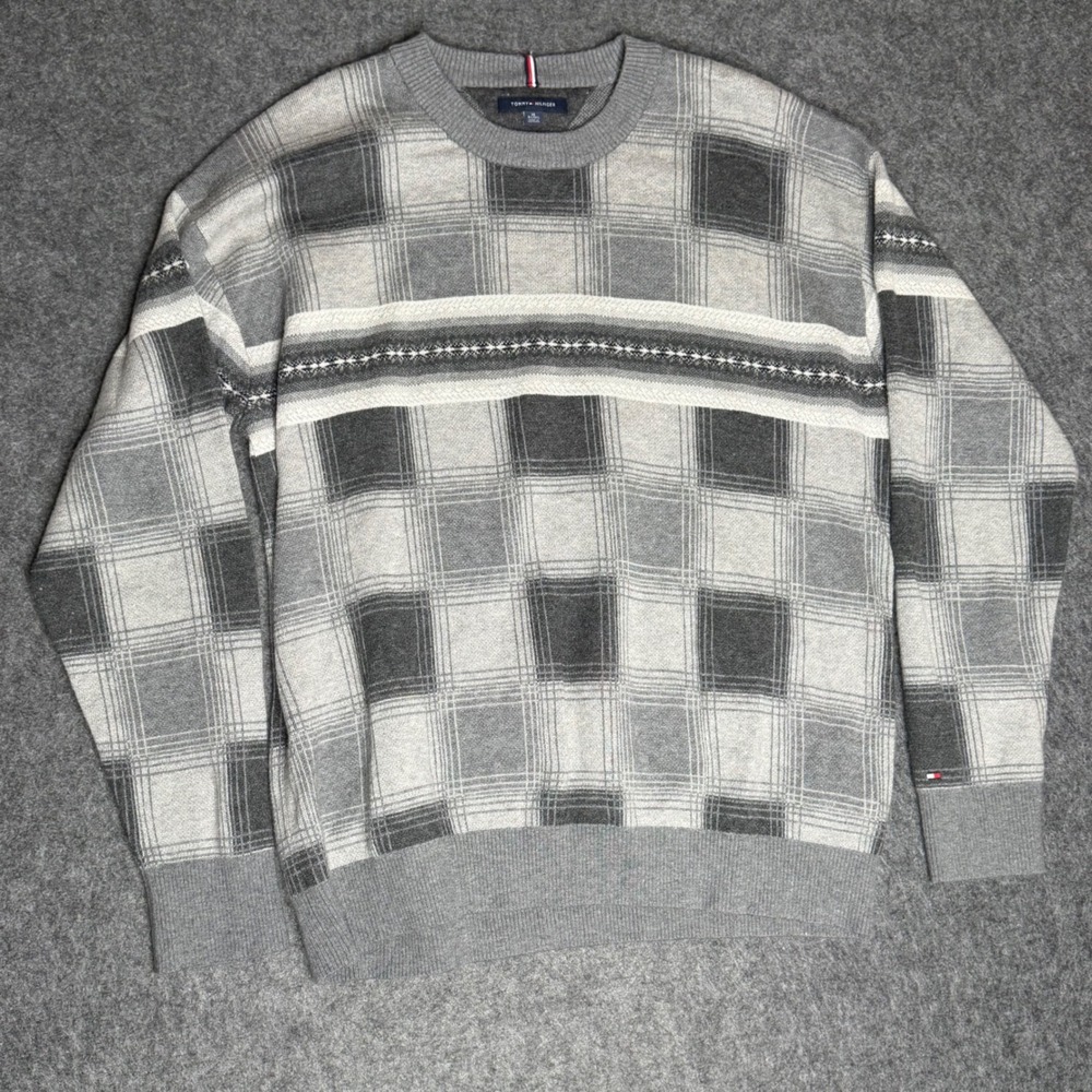 Tommy‎ Hilfiger Mens XL Grey Plaid Fair Isle Crewneck Sweater Knit Pullover